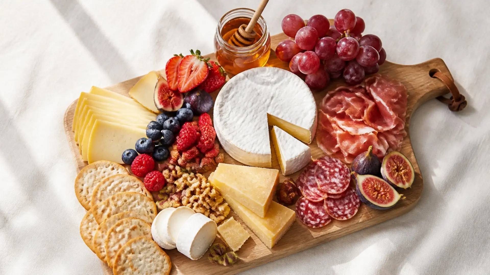 Tabla gourmet con brie, manchego, prosciutto, salami, higos, fresas, uvas y miel sobre madera clara